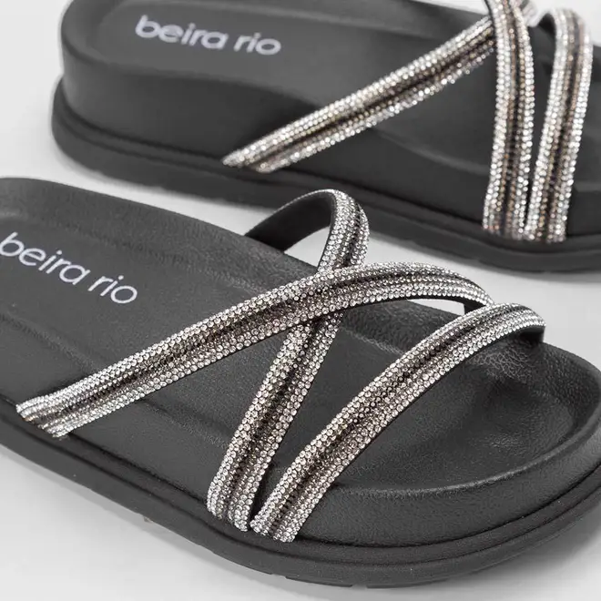 Tamanco Beira Rio Plataforma Tiras Strass Preto
