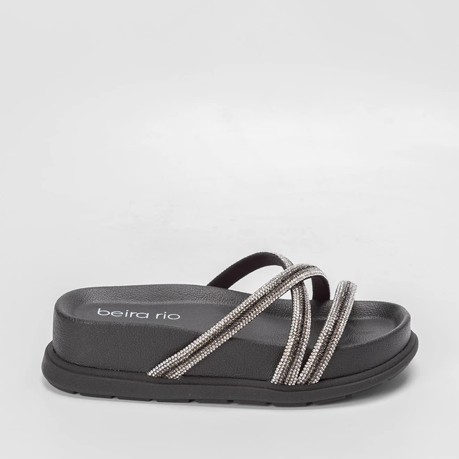 Tamanco Beira Rio Plataforma Tiras Strass Preto