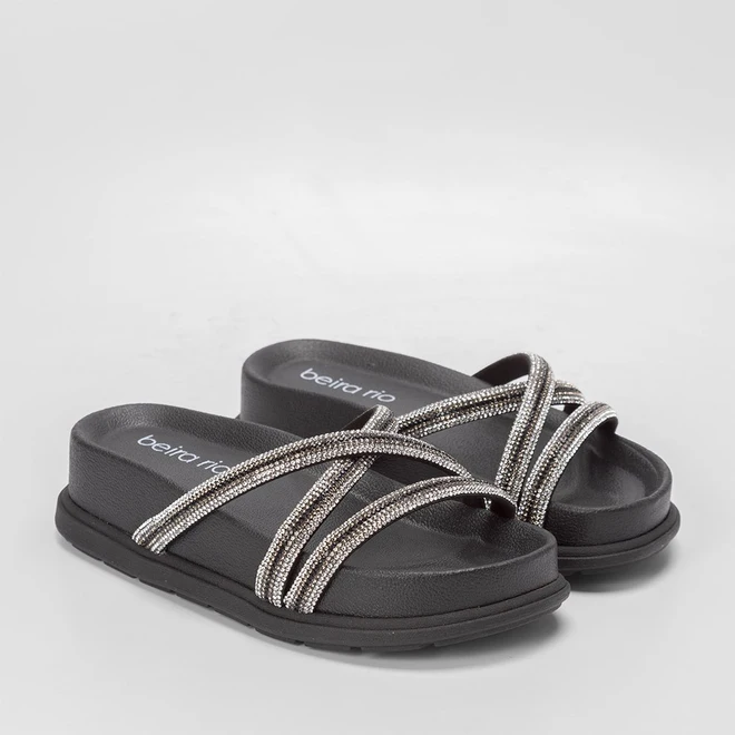 Tamanco Beira Rio Plataforma Tiras Strass Preto
