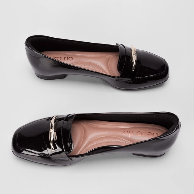 Mocassim Beira Rio Salto Baixo Detalhe Bridão Verniz Preto