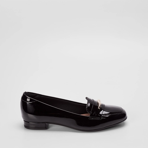 Mocassim Beira Rio Salto Baixo Detalhe Bridão Verniz Preto