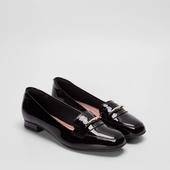 Mocassim Beira Rio Salto Baixo Detalhe Bridão Verniz Preto