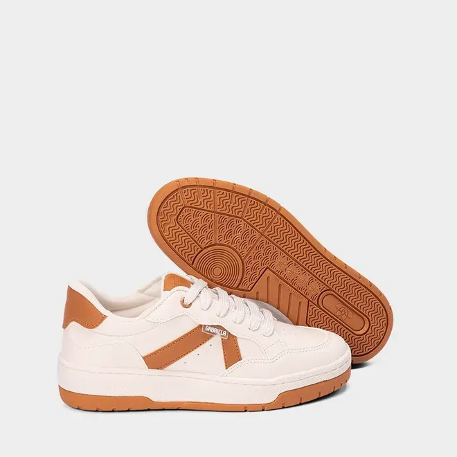 Tênis Casual Feminino Gabriela Recorte Estilizado Off White & Caramelo