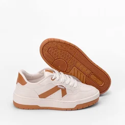 Tênis Casual Feminino Gabriela Recorte Estilizado Off White & Caramelo