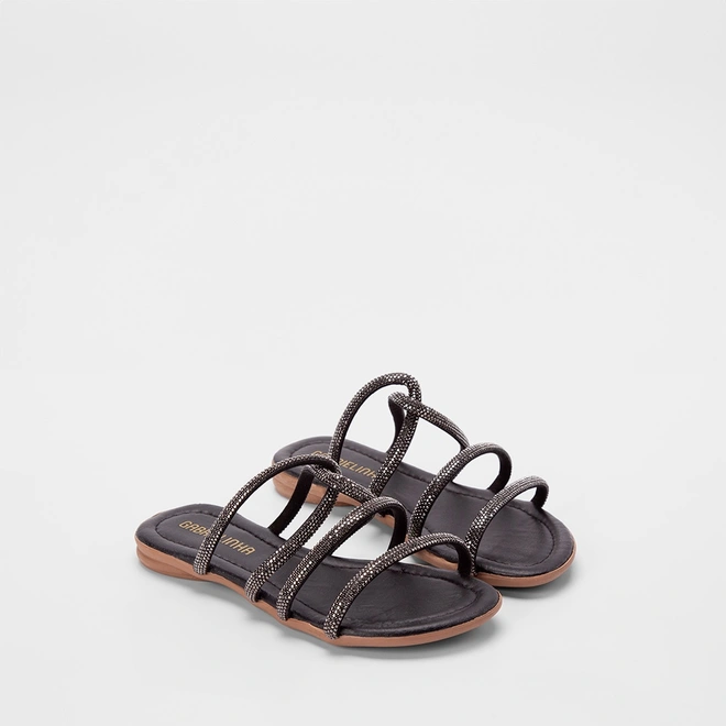 Rasteira Infantil Gabrielinha Multitiras Strass Preto