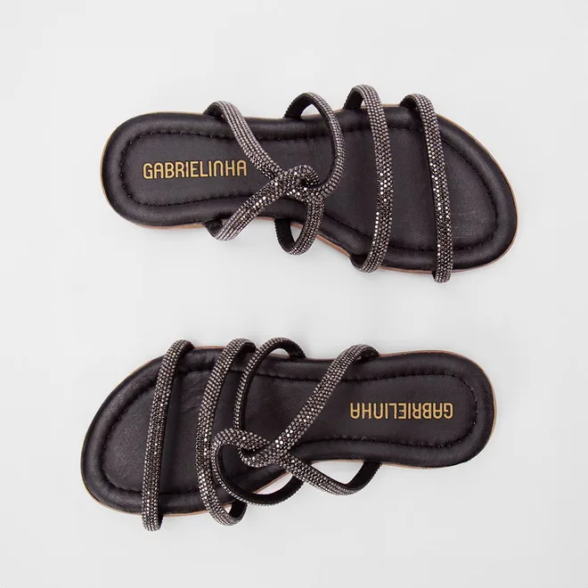 Rasteira Infantil Gabrielinha Multitiras Strass Preto