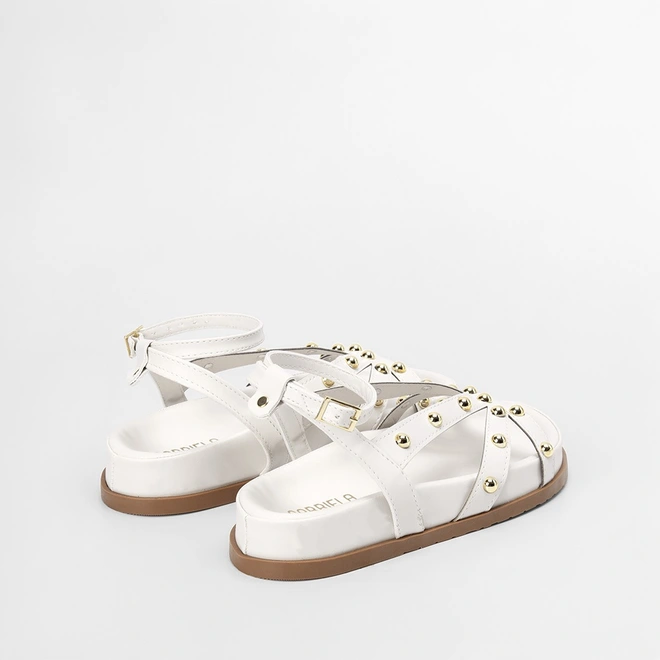 Sandália Papete Feminina Gabriela Tira Slim Detalhe Esferas Off White