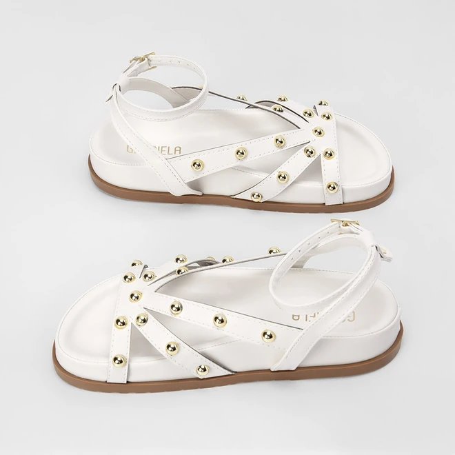 Sandália Papete Feminina Gabriela Tira Slim Detalhe Esferas Off White