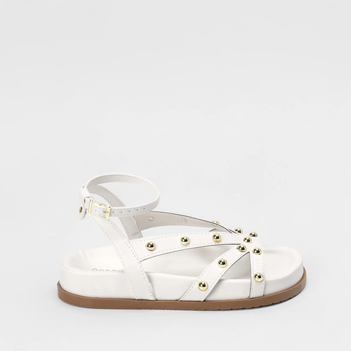 Sandália Papete Gabriela Tira Vazada Rebite Off White