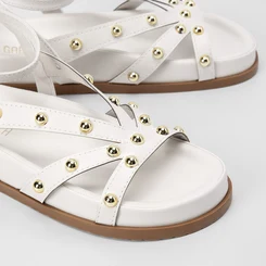 Sandália Papete Feminina Gabriela Tira Slim Detalhe Esferas Off White