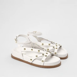 Sandália Papete Feminina Gabriela Tira Slim Detalhe Esferas Off White