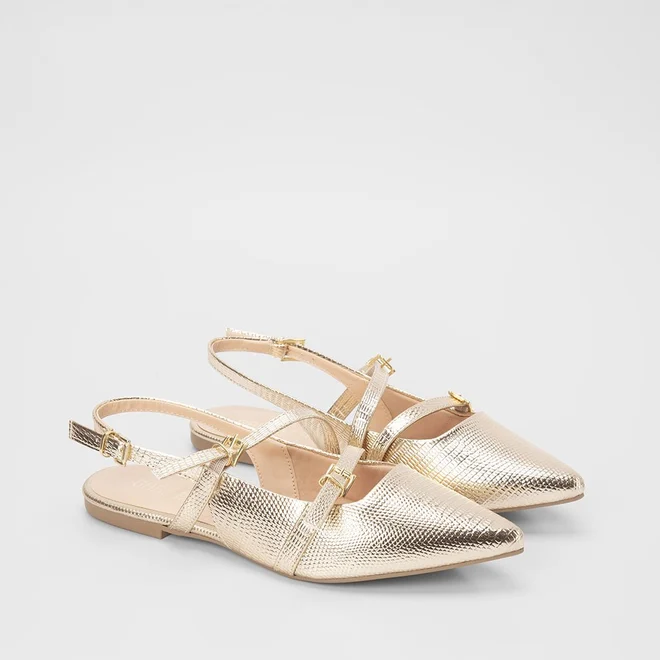 Sapatilha Boneca Slingback Gabriela Tiras Fivelas Dourado