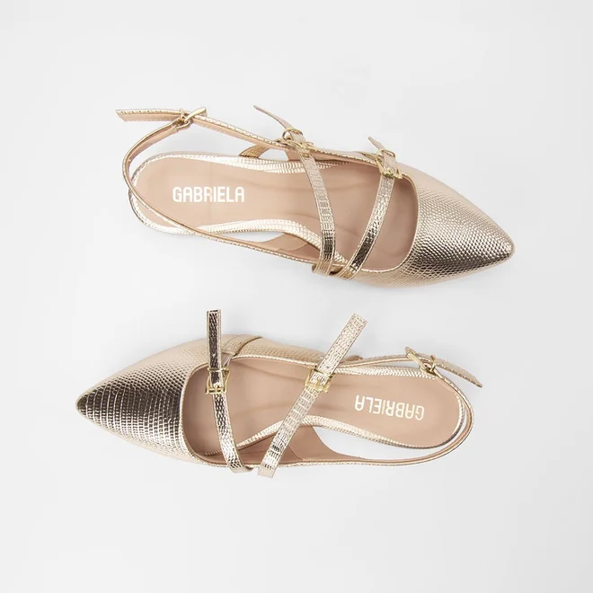 Sapatilha Boneca Slingback Gabriela Tiras Fivelas Dourado