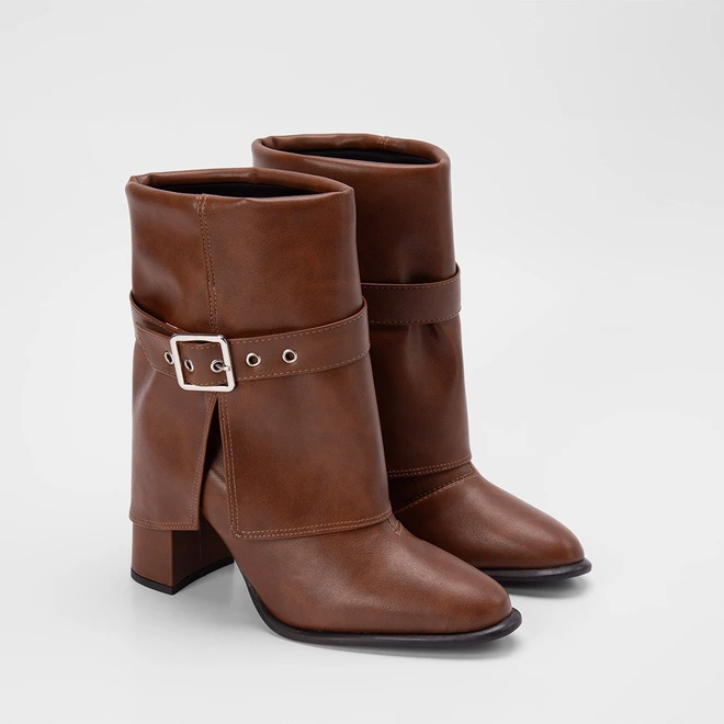 Ankle Boot Feminina Gabriela Salto Alto Capa & Fivela Caramelo