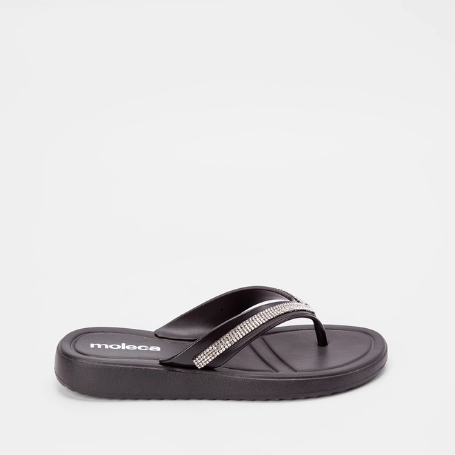Chinelo Moleca Flat Tiras Strass Preto