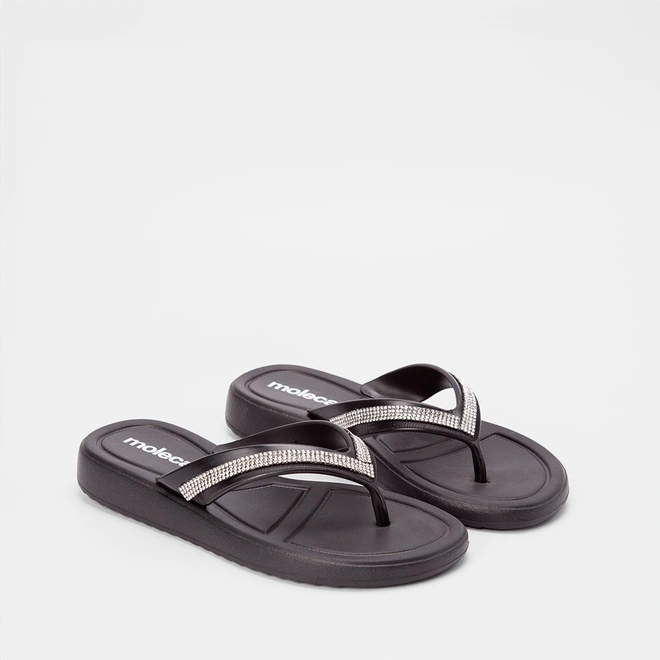 Chinelo Moleca Flat Tiras Strass Preto