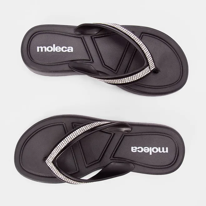 Chinelo Moleca Flat Tiras Strass Preto