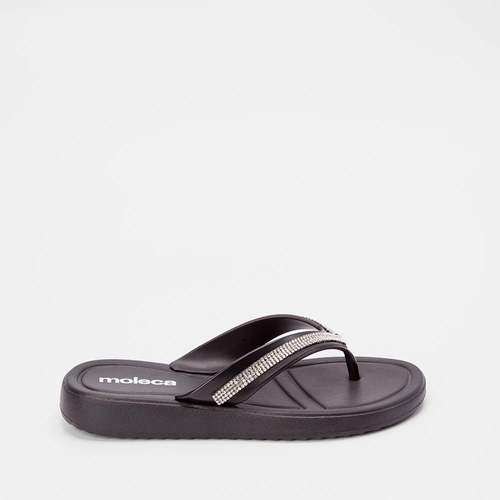 Chinelo Moleca Flat Tiras Strass Preto