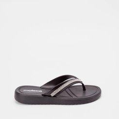 Chinelo Moleca Flat Tiras Strass Preto
