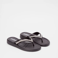 Chinelo Moleca Flat Tiras Strass Preto