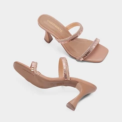 Tamanco Feminino Via Marte Salto Flare Tiras Pedraria Rose Gold