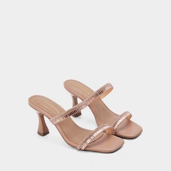 Tamanco Feminino Via Marte Salto Flare Tiras Pedraria Rose Gold