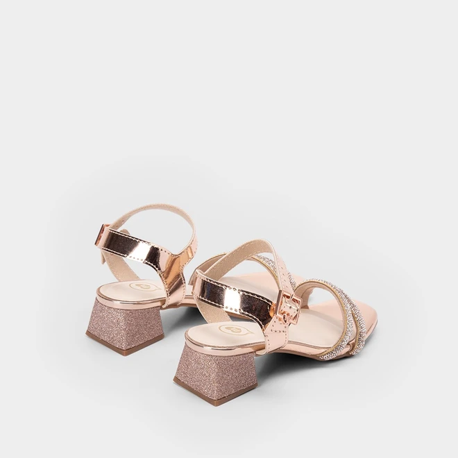 Sandália Infantil Molekinha Salto Geométrico Pedraria Rose Gold