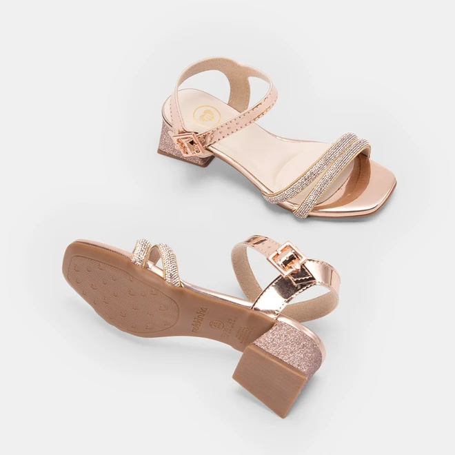 Sandália Infantil Molekinha Salto Geométrico Pedraria Rose Gold
