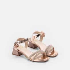 Sandália Infantil Molekinha Salto Geométrico Pedraria Rose Gold