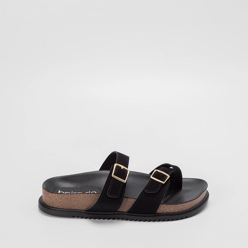 Rasteira Papete Beira Rio Flat Fivela Pesponto Preto