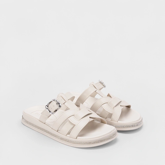 Papete Moleca Tira & Fivela Estilizadas Strass Off White