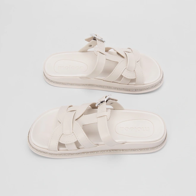 Papete Moleca Tira & Fivela Estilizadas Strass Off White