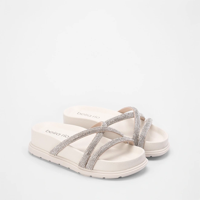 Tamanco Beira Rio Plataforma Tiras Strass Off White