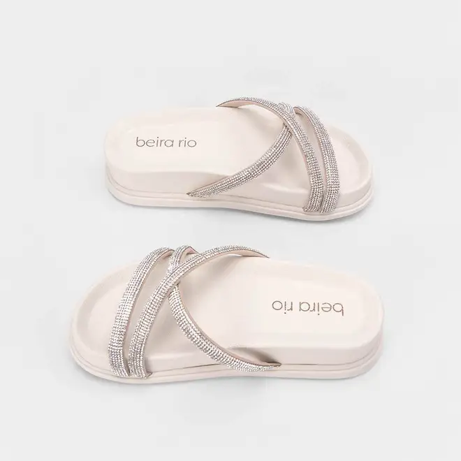 Tamanco Beira Rio Plataforma Tiras Strass Off White