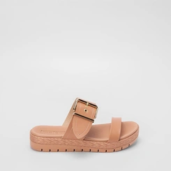 Papete Moleca Flatform Tressê Tira Ampla Fivela Bege