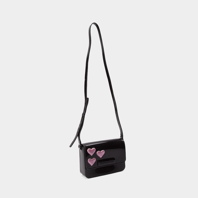 Bolsa Camera Bag Charmosinha Chic Média Transversal Glitter Coração Preta
