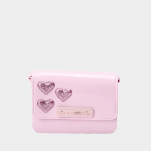 Bolsa Camera Bag Charmosinha Chic Média Transversal Glitter Coração Rosa