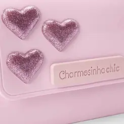 Bolsa Camera Bag Charmosinha Chic Média Transversal Glitter Coração Rosa