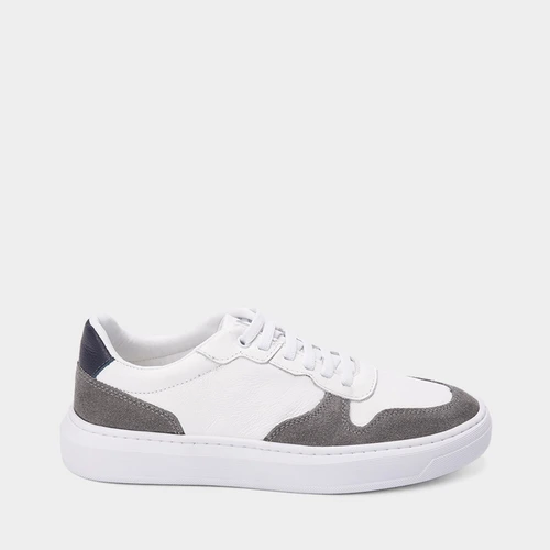 Tênis Masculino Mac & Jac Casual Recortes Couro Cinza & Branco