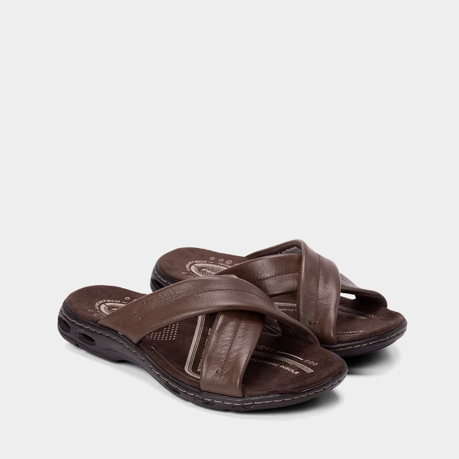 Chinelo Pegada Couro Tira Cruzada Soft Marrom