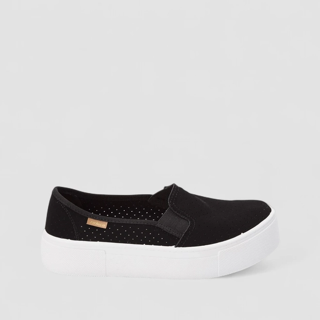 Slip On Feminino Moleca Calce Fácil Nobuck Perfuros Preto