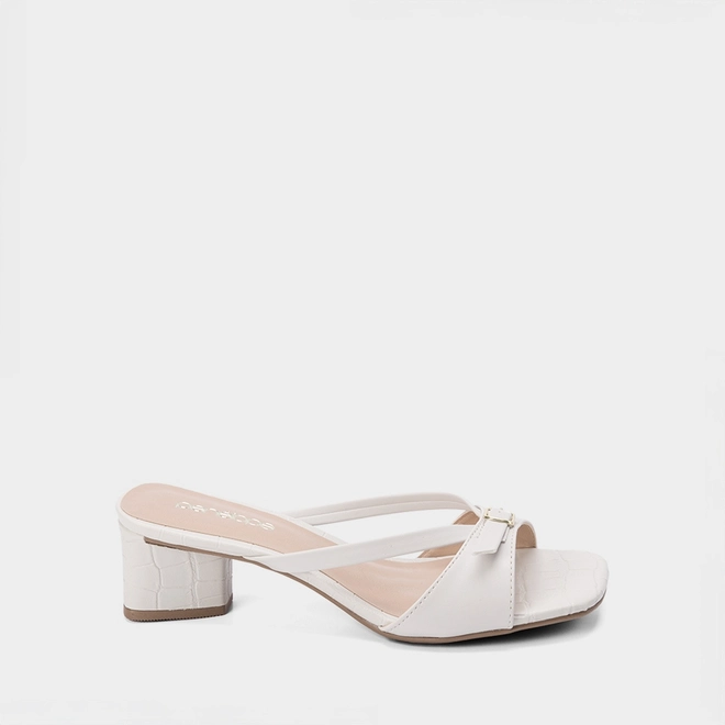 Tamanco Feminino Penélope Salto Geométrico Textura Croco Fivela Off White