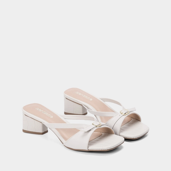 Tamanco Feminino Penélope Salto Geométrico Textura Croco Fivela Off White
