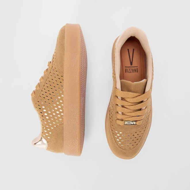 Tênis Casual Vizzano Feminino Vazado Camurça Caramelo