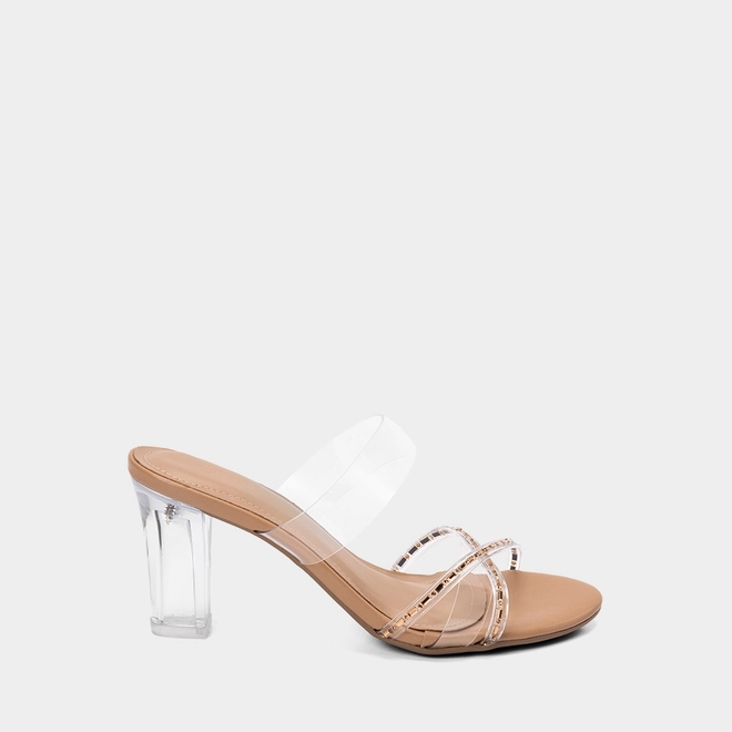 Tamanco Feminino Via Marte Salto Alto Goemétrico Detalhe Strass Caramelo