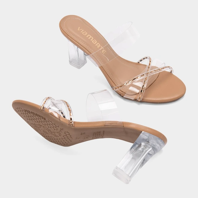 Tamanco Feminino Via Marte Salto Alto Goemétrico Detalhe Strass Caramelo