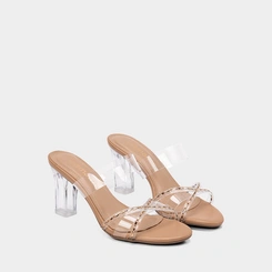 Tamanco Feminino Via Marte Salto Alto Goemétrico Detalhe Strass Caramelo