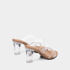 Tamanco Feminino Via Marte Salto Alto Goemétrico Detalhe Strass Caramelo