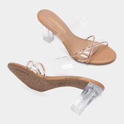 Tamanco Feminino Via Marte Salto Alto Goemétrico Detalhe Strass Caramelo