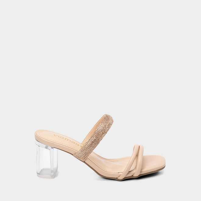Tamanco Feminino Via Marte Salto Médio Bloco Tira Strass Nude